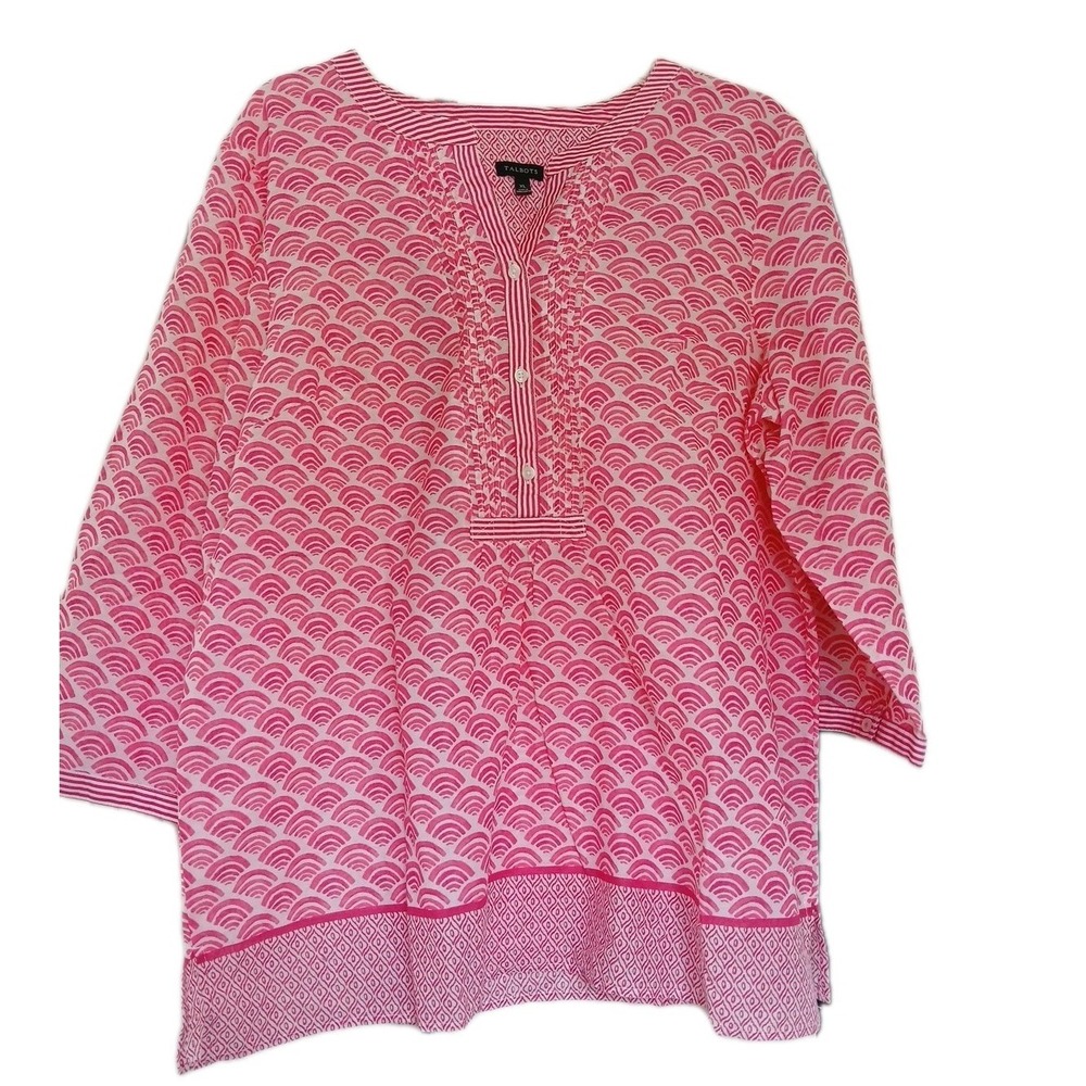 Talbots Blouse Tunic Top ‎ Cotton 3/4 Sleeve Pink White Fan Print Sz XL